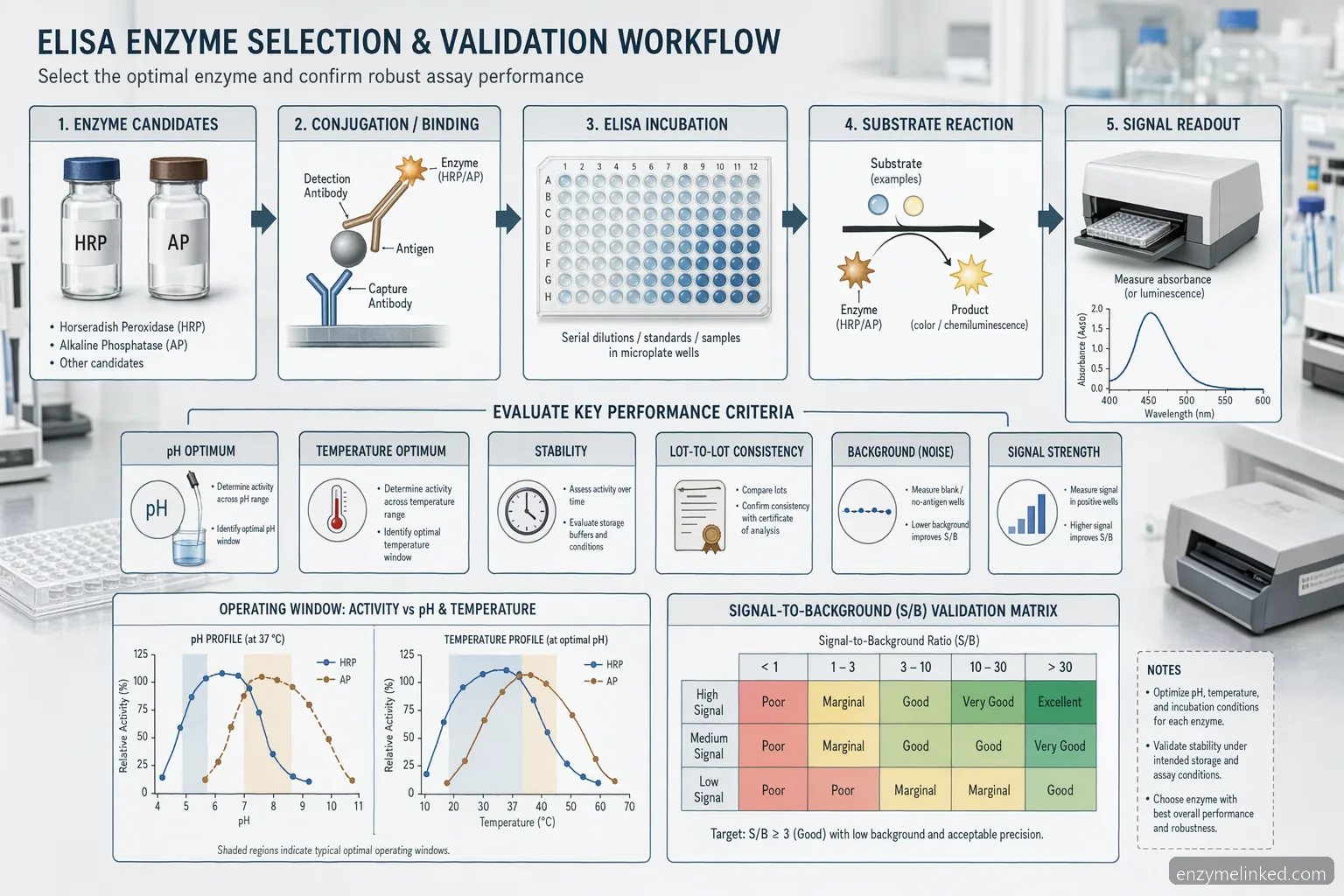 elisa enzymes supplier for elisa diagnostic buying guide, workflow showing enzyme validation, pH, temperature, and signal
