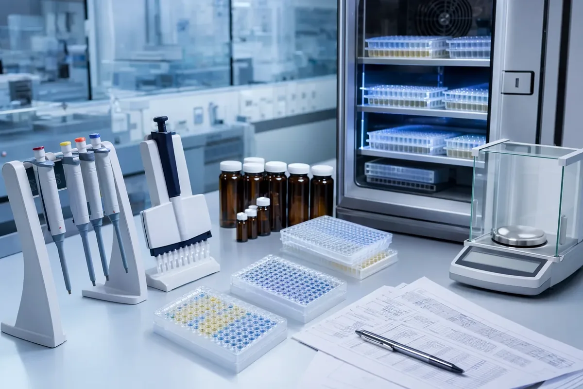 Microplates, amber reagent bottles and a refrigerated storage cabinet in a diagnostic reagent laboratory