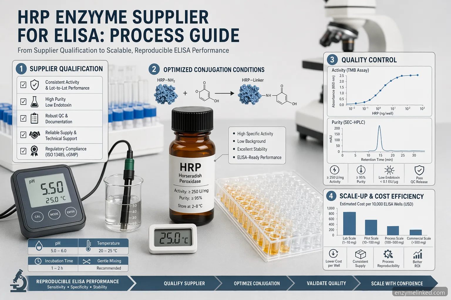 hrp enzyme supplier for elisa process guide, sourcing criteria, QC checks, conjugation conditions and scale-up economics