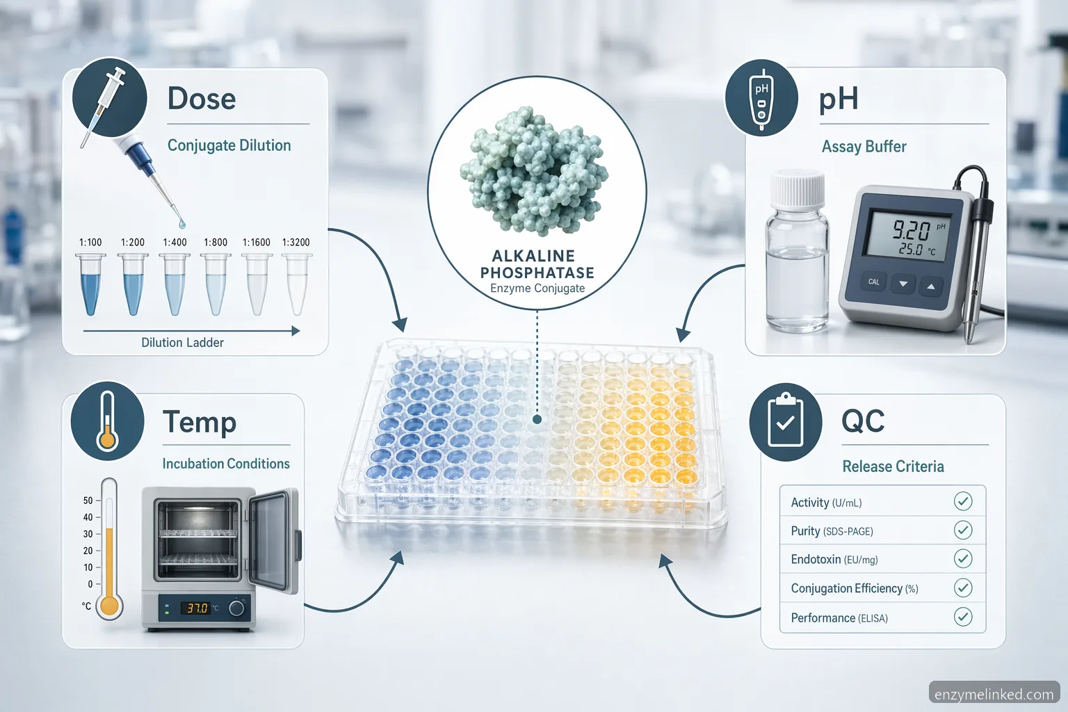 industrial alkaline phosphatase diagnostic elisa troubleshooting guide: infographic with dosage, pH, temperature, and QC checkpoints