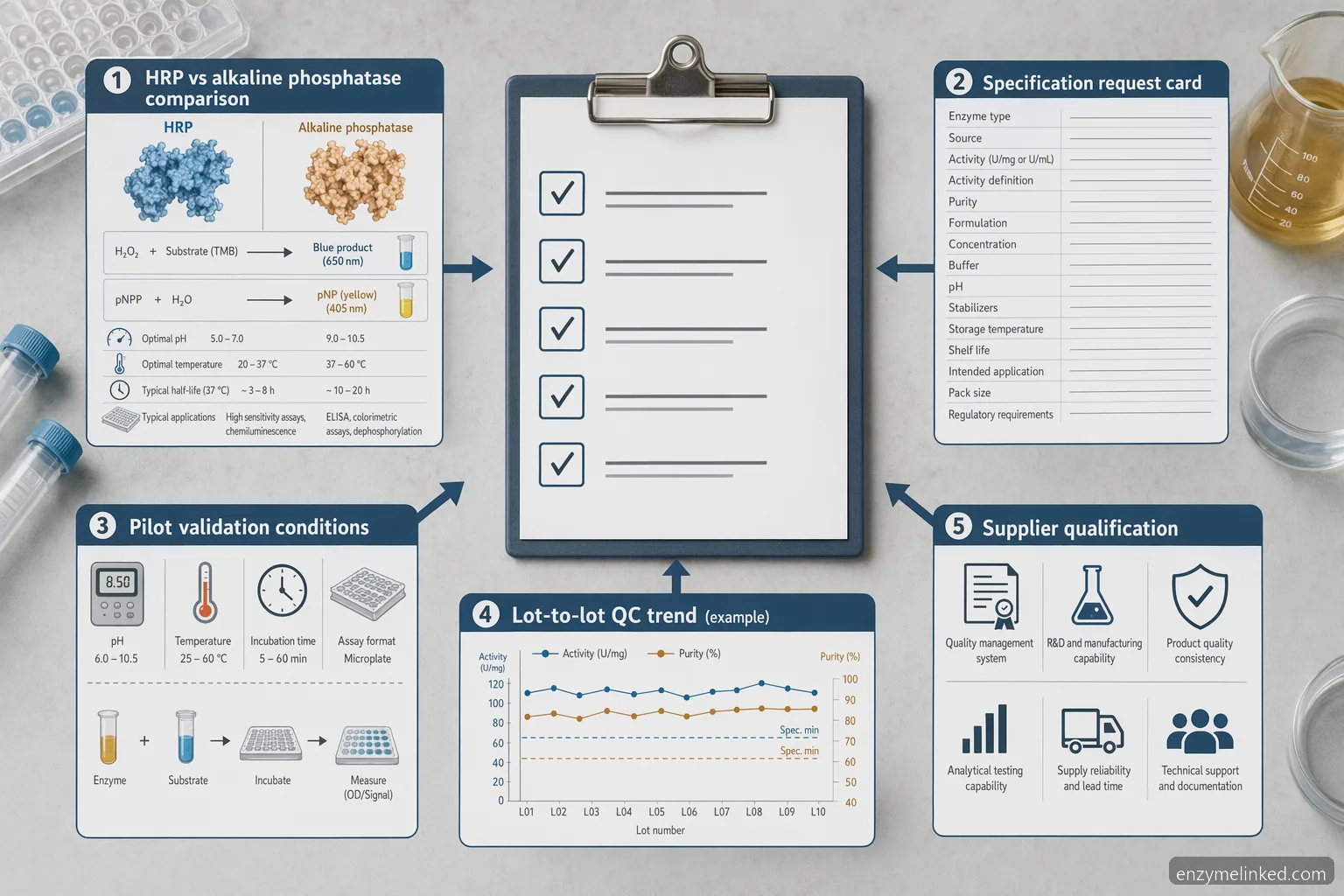 industrial hrp enzyme elisa specification checklist with HRP versus AP icons, QC metrics, and supplier criteria